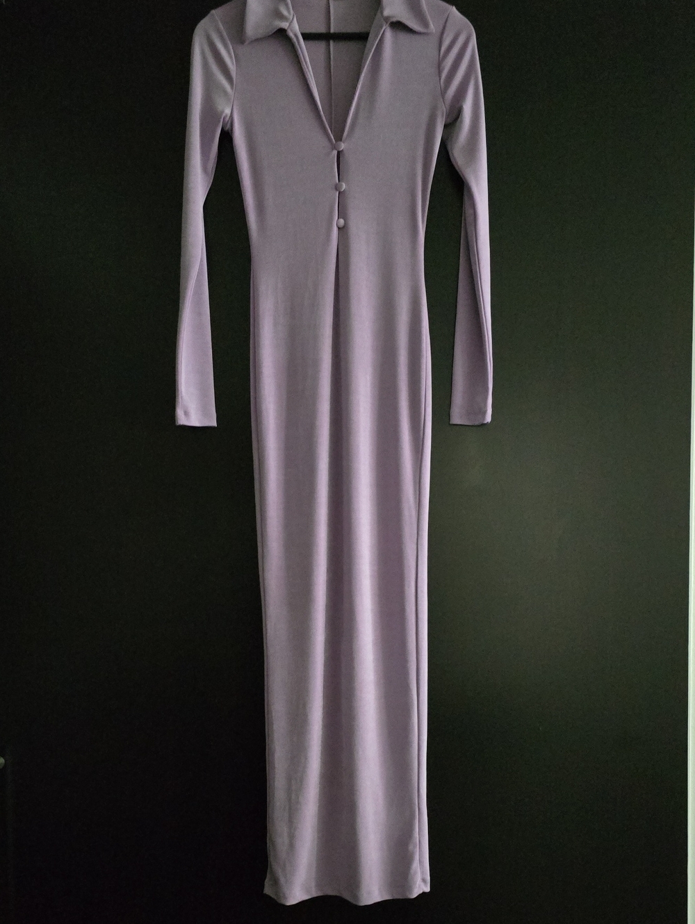 Lavender Long-Sleeve Collared Maxi Dress with Button Front